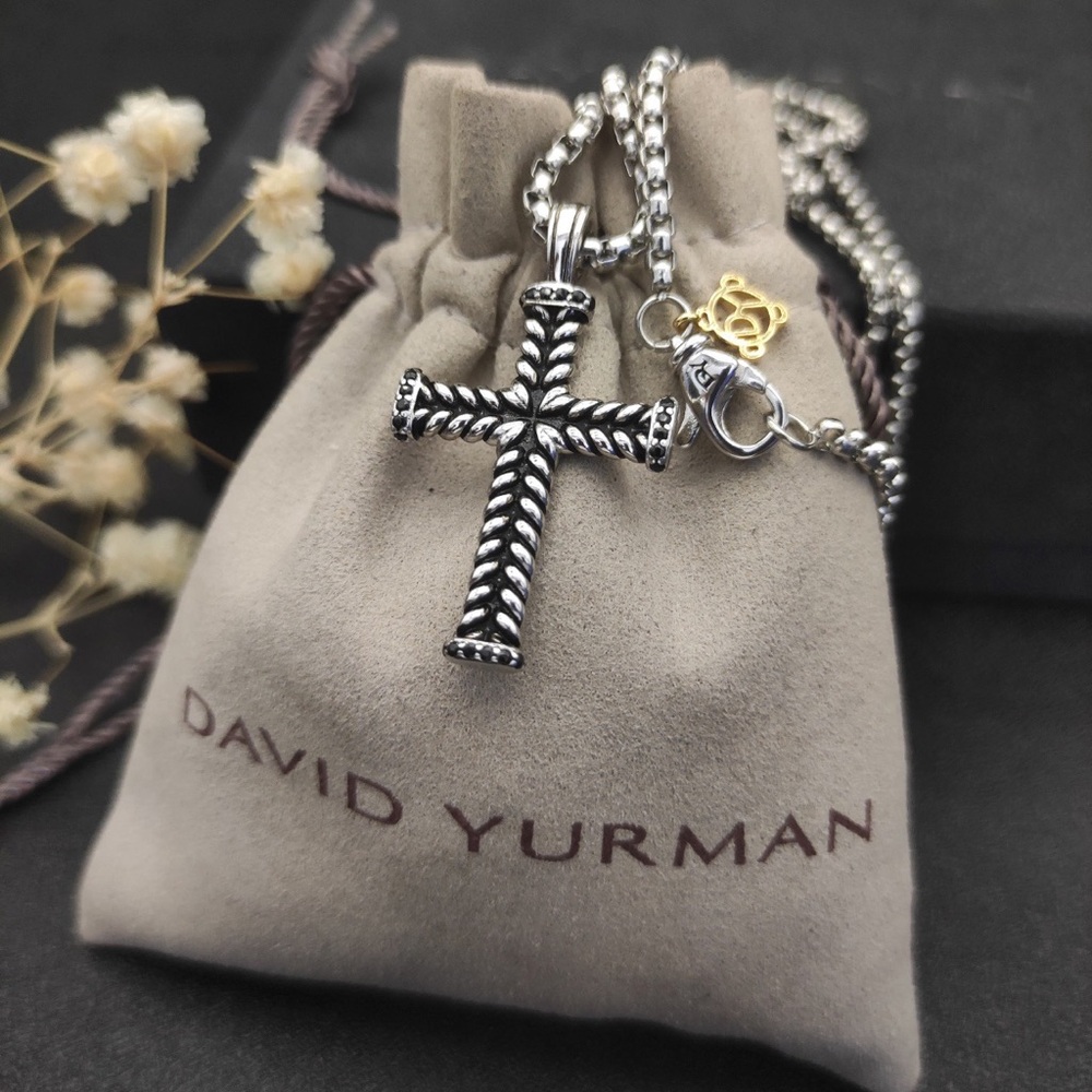 David Yurman Sterling Silver Rope Cross Pendant with Gold Accent Tag
